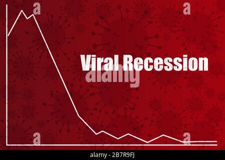 Virus Recession text with downward profit graph on red virus background, economic recession caused by coronavirus covid19 global pandemic