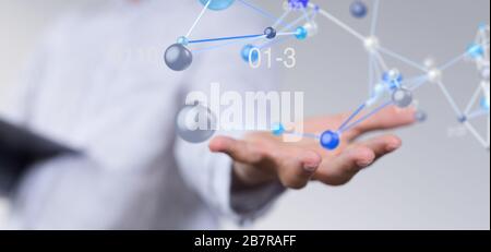 Closeup shot of a person presenting a virtual projection of a colorful digital network Stock Photo