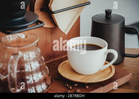 Drip coffee set in vintage wooden cafe Stock Photo