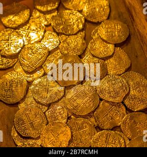 Closeup view of the 17th century Spanish gold coins Stock Photo