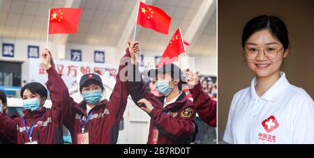(200318) -- WUHAN, March 18, 2020 (Xinhua) -- Combo photo shows Li Jianing, a nurse from the Second Xiangya Hospital of Central South University, celebrating the closure of a makeshift hospital in Wuhan, central China's Hubei Province, on March 10, 2020 (central figure in left picture) and her portrait photo (right picture) taken on March 17, 2020 in Wuhan. Some medical assistance teams from across China started leaving Hubei Province on Tuesday as the epidemic outbreak in the hard-hit province has been subdued. Before leaving Hubei Province, some medics temporarily took off their facial mask Stock Photo