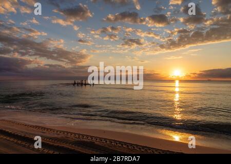 Beautiful sunrise by the beach at Cancun, Mexico, with golden reflections and silhouette of sea birds on wooden poles on the Caribbean Sea. Stock Photo