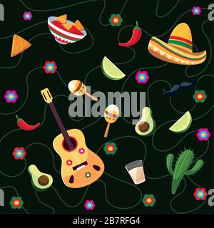 pattern with symbol mexicans, holiday cinco de mayo vector illustration design Stock Vector