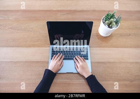 Top view image of a woman using and typing on laptop with cactus pot on wooden table background Stock Photo