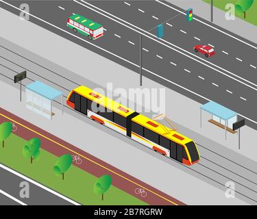 City street in isometric view. Street traffic of motor vehicles and trams. Vector illustration. Stock Vector