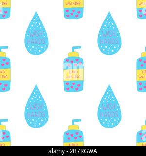 Vector seamless pattern with soap bottle and water drop with hand washing text. Poster about hygiene. Restroom or bathroom print, toilet quote. Safety measure against viruses and bacteria Stock Vector