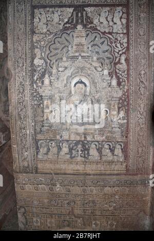 Myanmar: Bagan- Nandamanya Temple, Phaya Thone circa. 9th-10th century A.D.left wall, Buddha in Bhumisparsha. Stock Photo