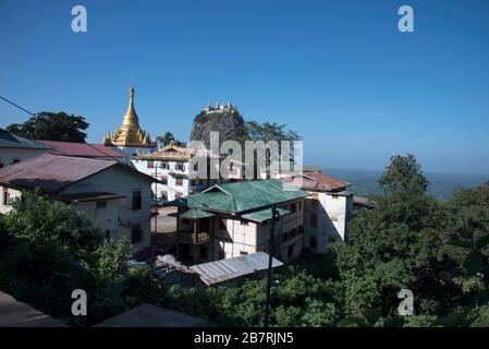 Myanmar: Bagan-  Closer-View from South-West of  Mount Popa (pilgrimage site) is Taung Kalat (pedestal hill). Stock Photo