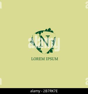 Letter N alphabetic logo design template isolated on green beige color. Decorative floral shield sign illustration. Nature Guard, Security logo Stock Vector