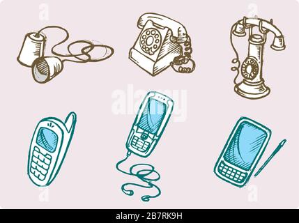 Phone Evolution Sketch - Variation of communication devices Stock Vector