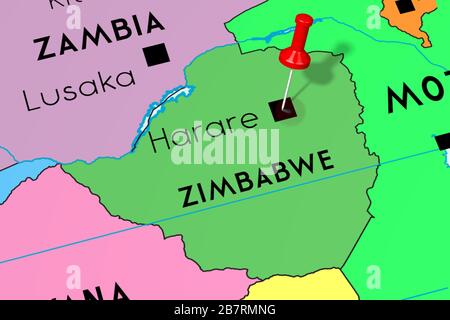 Zimbabwe, Harare - capital city, pinned on political map Stock Photo