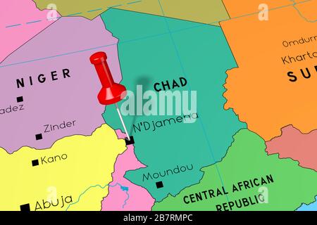 Chad Political Map with capital N'Djamena, national borders, important ...