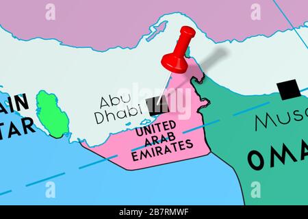 United Arab Emirates/ UAE, Abu Dhabi - capital city, pinned on political map Stock Photo