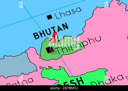 Bhutan, Thimphu - capital city, pinned on political map Stock Photo