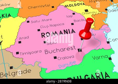Romania, Bucharest - capital city, pinned on political map Stock Photo