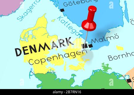 Denmark, Copenhagen - capital city, pinned on political map Stock Photo