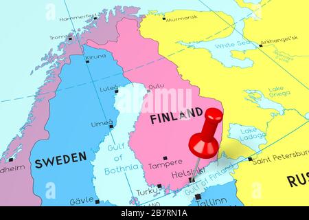 Finland, Helsinki - capital city, pinned on political map Stock Photo