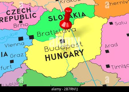 Hungary, Budapest - capital city, pinned on political map Stock Photo