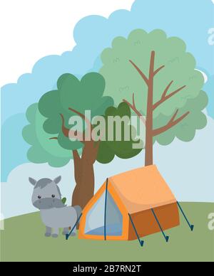 camping cute donkey tent trees grass nature cartoon vector illustration Stock Vector