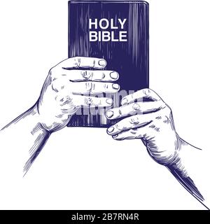 hands holding the Holy Bible, gospel, the doctrine of Christianity, symbol of Christianity hand drawn vector illustration sketch Stock Vector