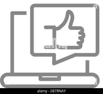 Laptop with thumb up in speech bubble line icon. User feedback, message with like symbol Stock Vector