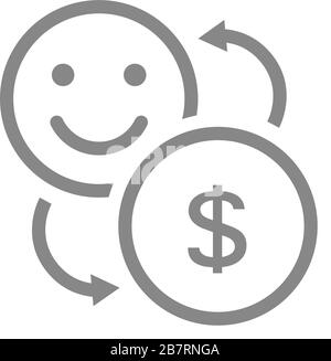 Exchange a coin for a happy face line icon. Happiness on money, positive feedback symbol Stock Vector