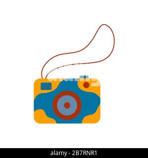 Stylish camera with blue and yellow print and rope for easy carrying. A portable gadget for creating photo. Colorful illustration cartoon style on a w Stock Vector
