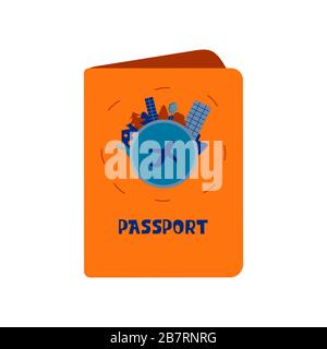 Passport in an orange cover with a print in the shape of a planet and trees, mountains, a house and high-rises around the edge. A plane in the center Stock Vector