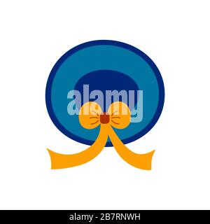 Blue womens hat with brim, with a yellow bow and fluttering ribbons. Headpiece for protection from the bright sun. Colorful illustration on a white ba Stock Vector