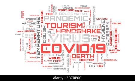 COVID-19 topic background. Red word collage on white background Stock Photo