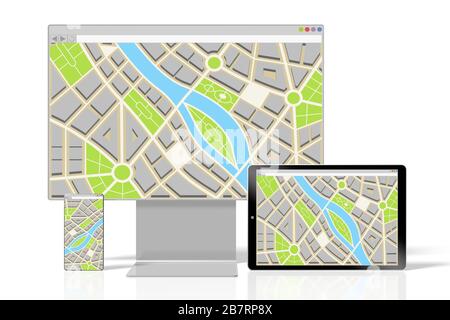 3D monitor, smartphone and tablet - map concept Stock Photo