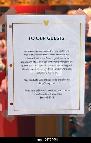 General Overall View Of The Closure Sign At The Disney Store At The Los Cerritos Center Mall Tuesday March 17 2020 In Cerritos Calif The Shopping Center Has Reduced Hours And Stores
