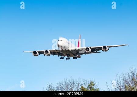 Asiana Airlines Airbus A380 airplane parked seen from above