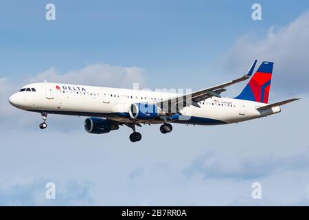 New York, USA - February 29, 2020: Delta Air Lines Airbus A321 airplane at New York John F. Kennedy airport (JFK) in the USA. Airbus is an aircraft ma Stock Photo