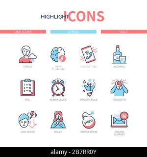 Stress and psychological problems - line design style icons set Stock Vector