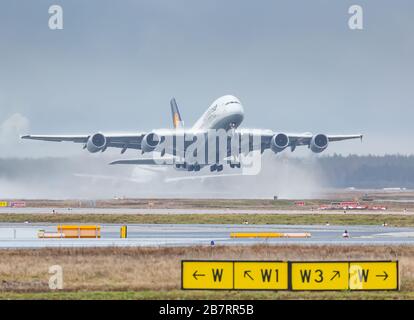 Frankfurt, Germany - February 25, 2020: Lufthansa Airbus A380-800 airplane at Frankfurt Int'l airport (FRA) in Germany. Airbus is an aircraft manufact Stock Photo