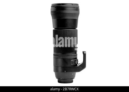 image of a super telephoto lens with a lens hood for the camera on a white background Stock Photo