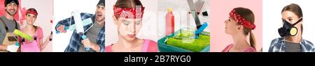 collage of happy couple renovating home and painting walls Stock Photo