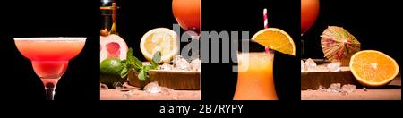 collage of alcohol cocktails near mint leaves, oranges, lime and lemon isolated on black Stock Photo