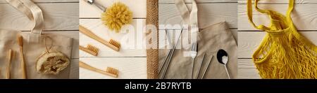 collage of reusable string bag, wooden toothbrushes, loofah, metallic chopsticks, spoon, fork, and straws, eco friendly concept Stock Photo