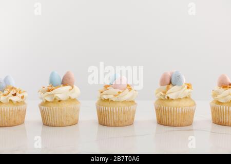 Tasty easter cupcakes isolated on grey Stock Photo