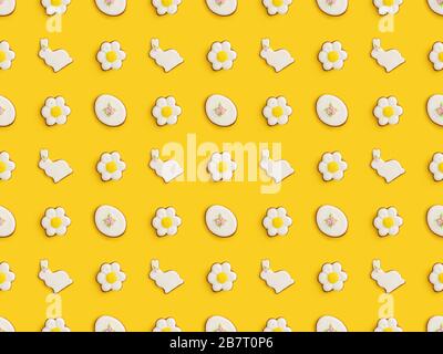 Flat lay with tasty easter cookies isolated on yellow, seamless pattern Stock Photo