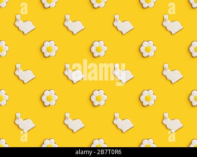 Flat lay with tasty easter cookies isolated on yellow background, seamless pattern Stock Photo