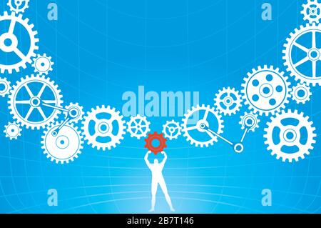 Linking Solution Cogs-Man connecting array of gears against blue print style background Stock Vector