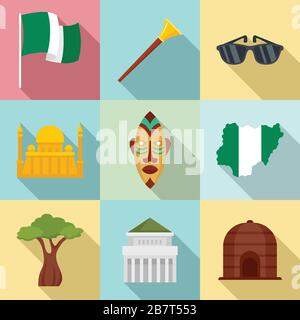 Nigeria icons set. Flat set of Nigeria vector icons for web design Stock Vector