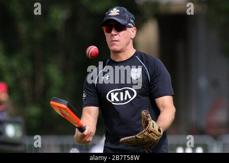 Surrey CCC Director of Cricket Alec Stewart juggles the ball during the warm-up Stock Photo
