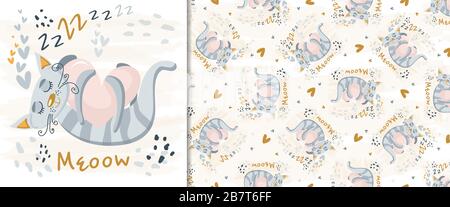 Cute cat sleeping seamless pattern, print. Vector nursery cartoon sleep gray animals, cute baby pattern background. Scandinavian Adorable Nurseries gr Stock Vector