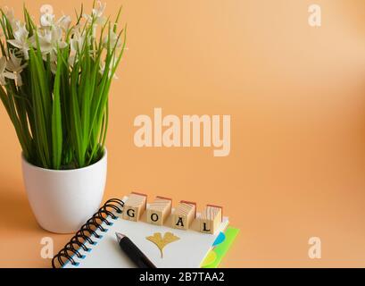 Word goal, notebook and pen flower on an orange background Stock Photo