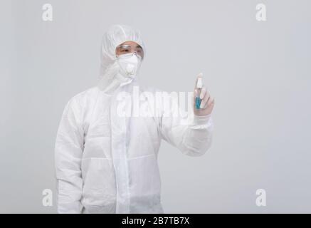 man scientist wearing biological protective uniform suit clothing, mask ...