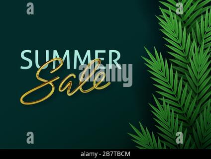 Hello summer, summertime, sale. Text poster against the background of tropical plants. Palm leaves, jungle leaf and gold lettering. The poster for Stock Vector